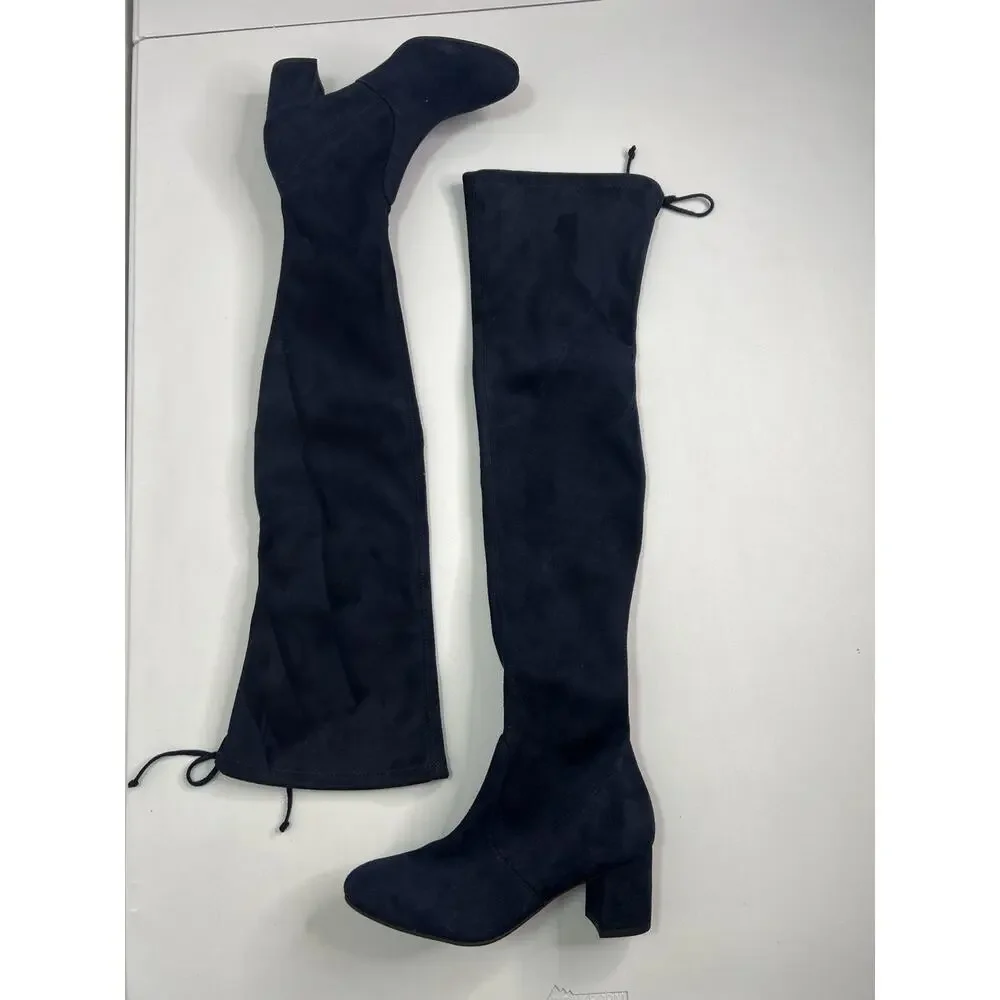 Stuart Weitzman Thigh-High Boots Heeled Navy Blue Suede Tie Women’s Size 5
